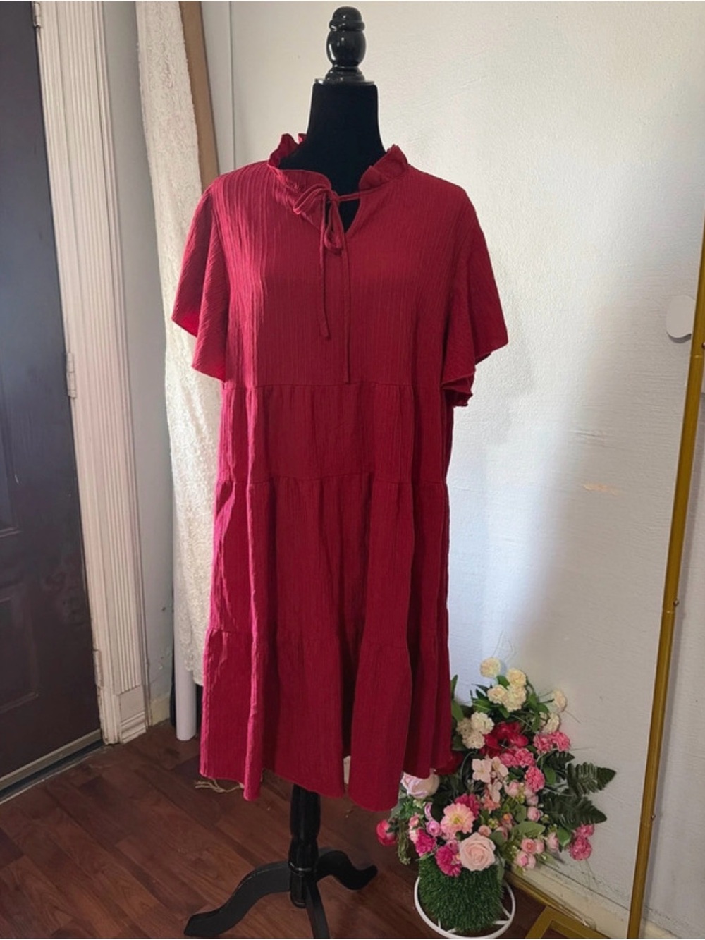 SHEIN Crimson Tiered Tie-Neck Midi Dress